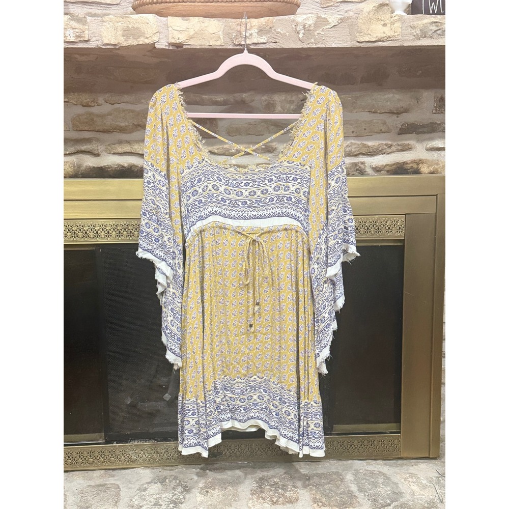 Free People Yellow Blue Floral Print Mini Dress Tunic Boho Ruffle Sleeve Small